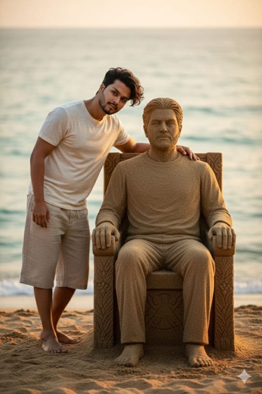Nostalgic Farewell: Lifelike Sand Statue Portrait at Sunset thumbnail 2