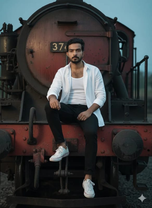 Cinematic Portrait on a Train Engine at Dusk - view 1