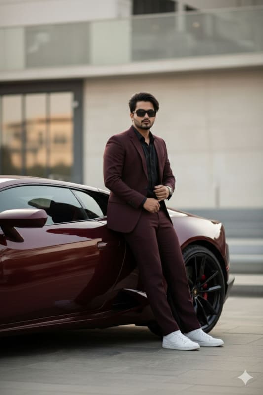 Luxury Lifestyle Photography: Maroon Lamborghini and Stylish Man thumbnail 3
