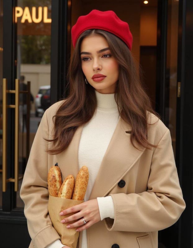 Parisian Café Portrait: Red Beret & Golden Baguettes thumbnail 2