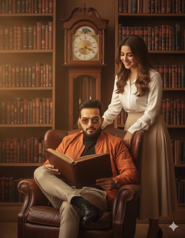Stylish Man Reading in Library with Woman - Stock Photo - view 1