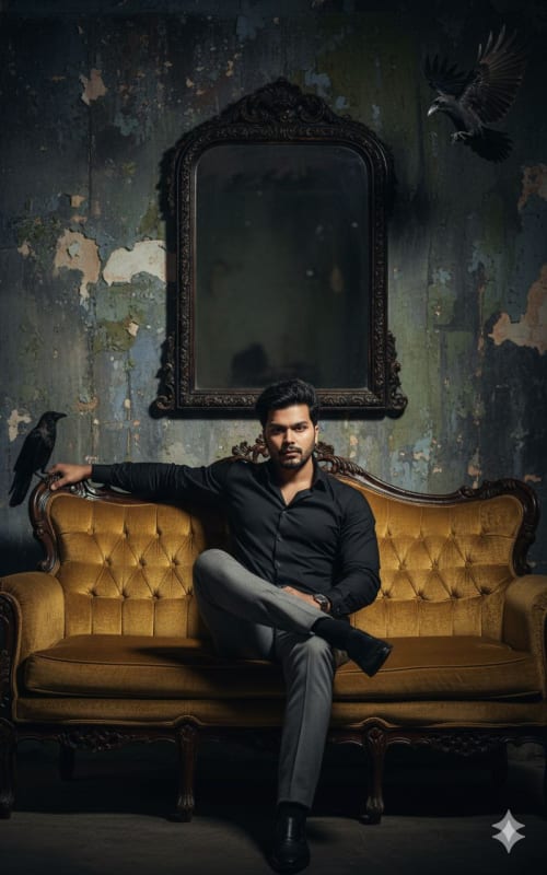 Cinematic Portrait of a Bearded Man on Vintage Sofa thumbnail 3