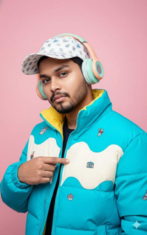 Turquoise Puffer Jacket Portrait: Fashion Editorial Style thumbnail 2