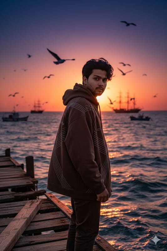 Melancholic Sunset Portrait: Man on Pier with Golden Hour Lighting - view 1