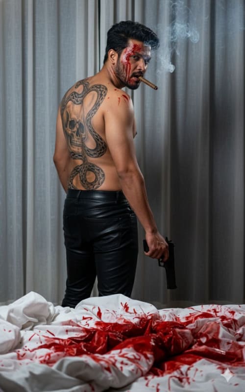 Intense Blood-Splattered Tattooed Man with Pistol thumbnail 2