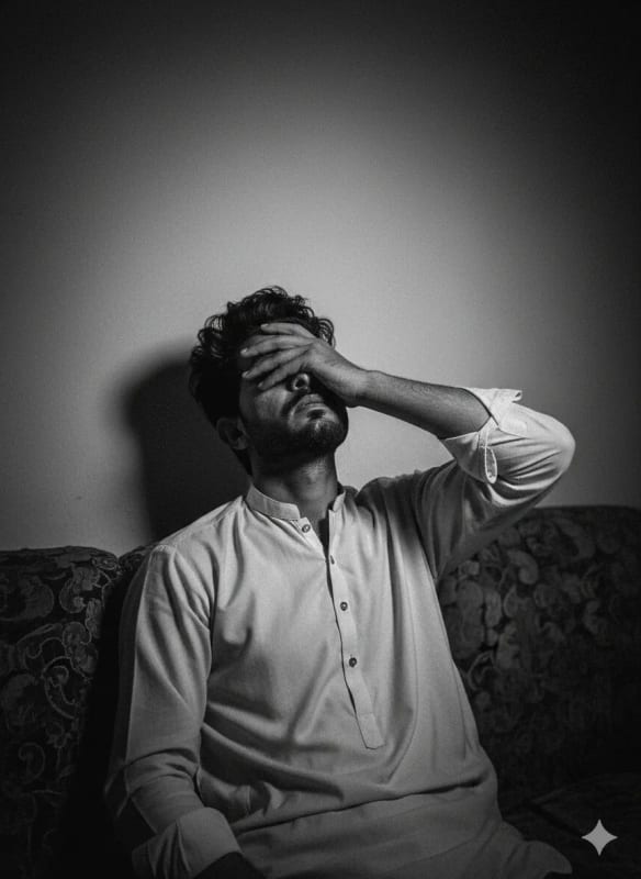 Melancholic Portrait of Young Man in Dimly Lit Room - view 1