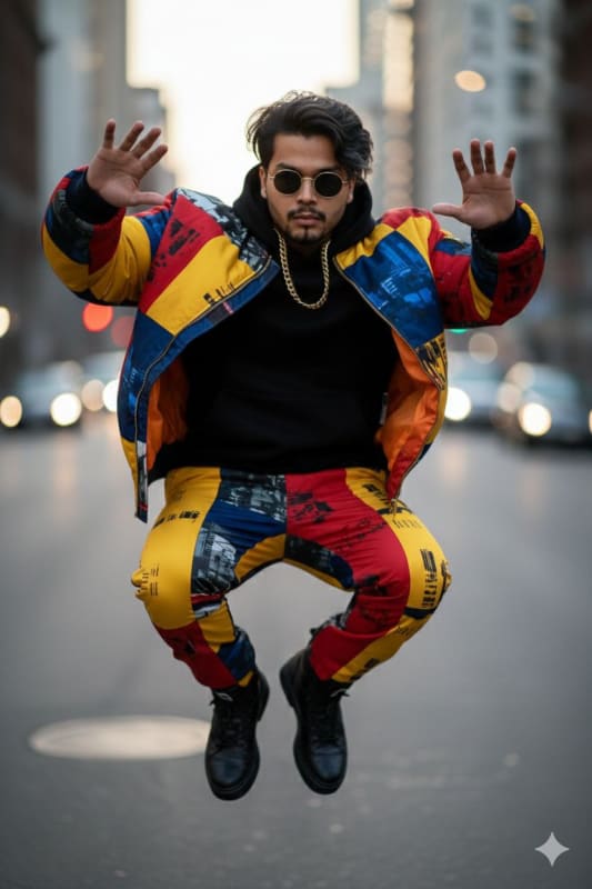 Stylish Man in Patchwork Bomber Jacket: Streetwear Photography thumbnail 2