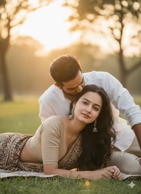 Romantic Couple in Traditional Indian Attire Kissing - view 1