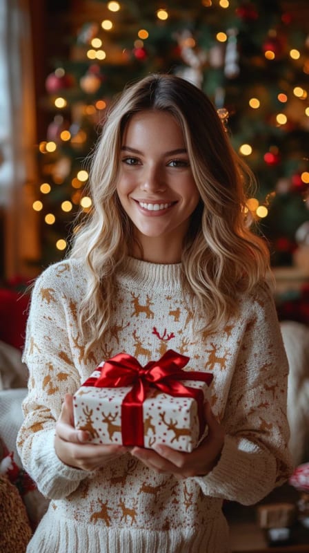 Festive Holiday Portrait: Cozy Sweater and Joyful Gift thumbnail 4