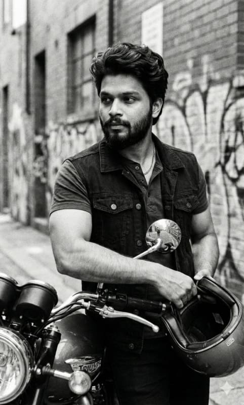 Classic Motorcycle Portrait with Muscular Man in Urban Setting thumbnail 2