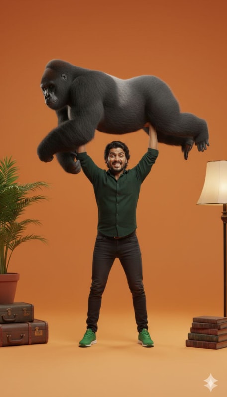 Man Carried by Gorilla in Orange Studio thumbnail 2