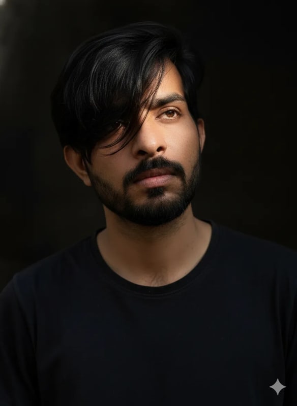 Dramatic Portrait of a Man with Windswept Hair thumbnail 2