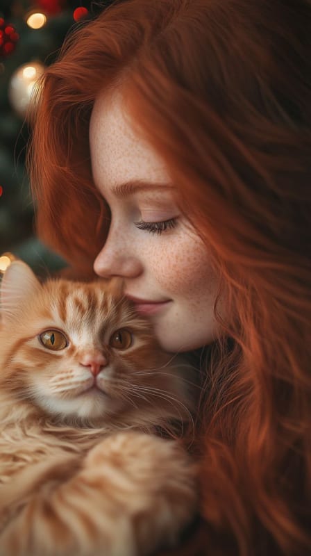 Festive Redhead with Orange Cat: Holiday Portrait Photography thumbnail 3