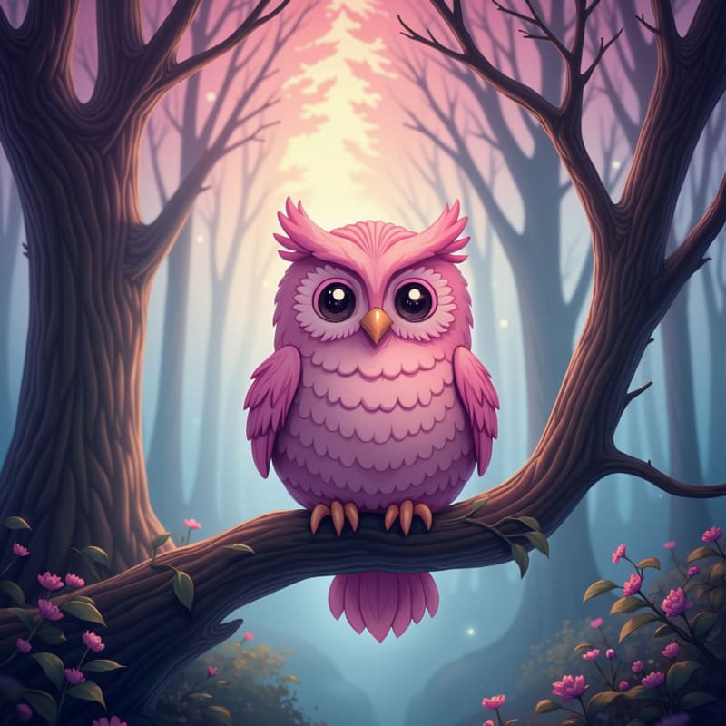 Enchanted Pink Owl in Twilight Forest thumbnail 4