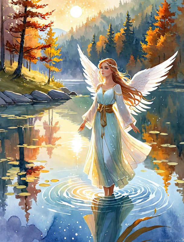 Ethereal Angel Floating Above Tranquil Lake at Dawn thumbnail 2
