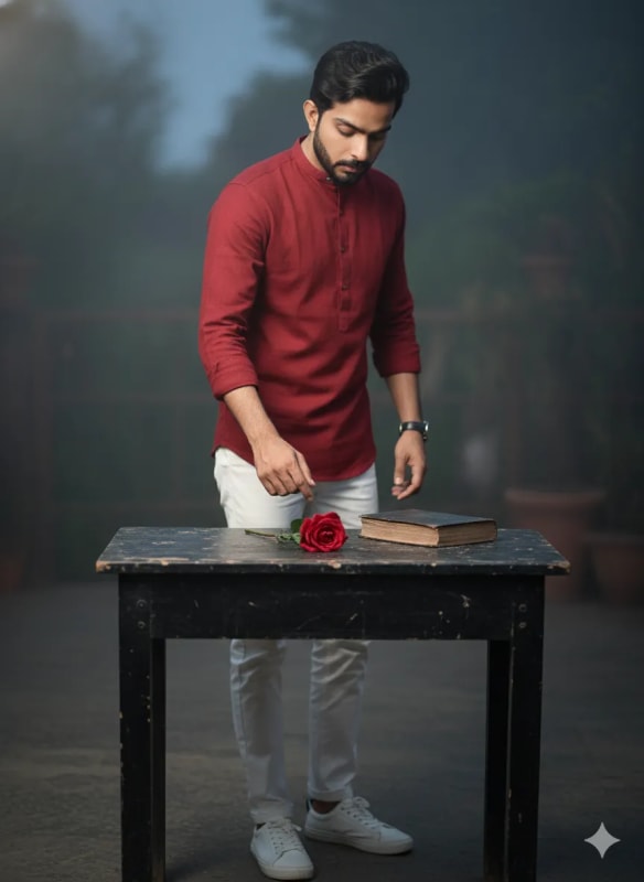Sad Young Man with Withered Rose: A Realistic Photo Prompt - view 1