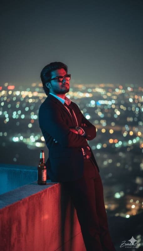 Cinematic Night Rooftop Portrait: Purple Suit thumbnail 2
