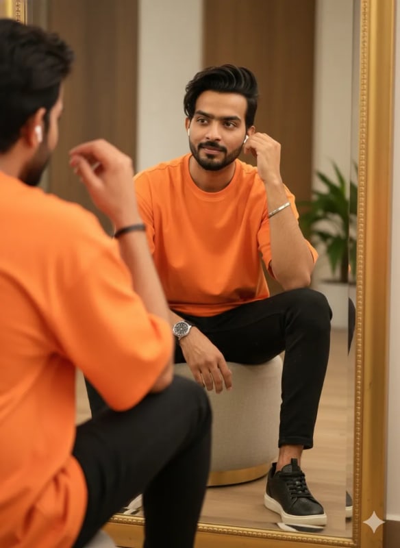 Stylish Man in Orange T-Shirt Reflecting in Mirror - view 1