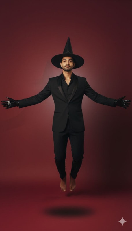 Eerie Elegance: Black Tuxedo and Witch Hat Editorial Portrait thumbnail 6