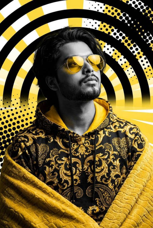 Photorealistic Portrait with Gold Baroque Hoodie and Yellow Accents thumbnail 2