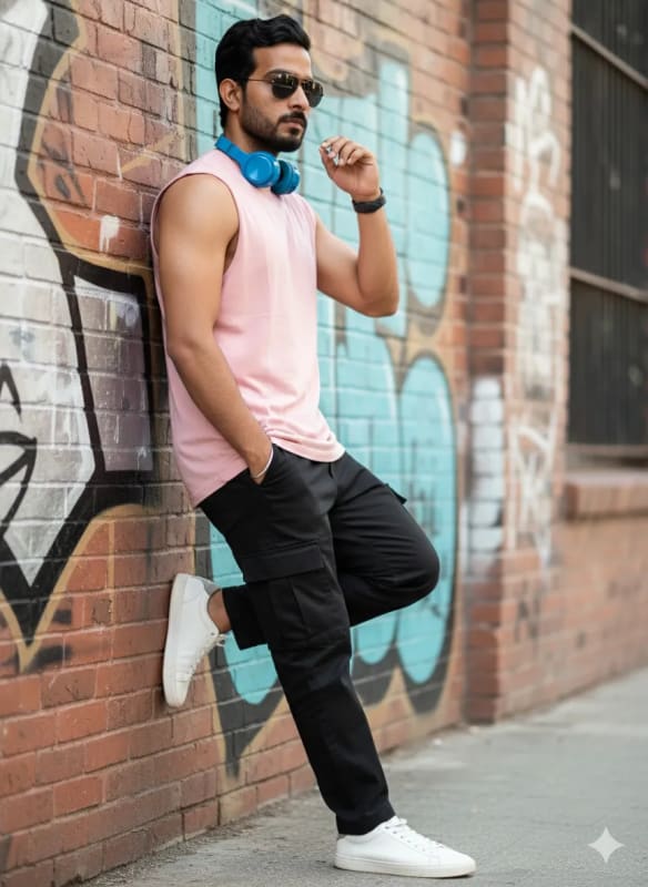 Urban Street Style Portrait: Young Man in Pink Tank Top - view 1