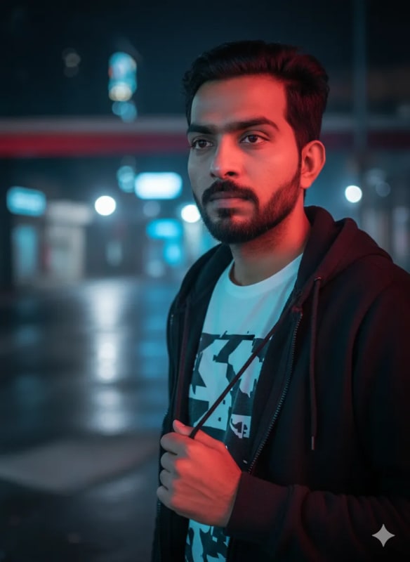 Neon Urban Portrait: Young Man in Hoodie thumbnail 3
