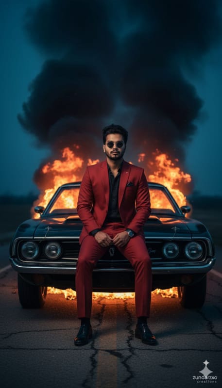 Man in Red Suit on Burning Muscle Car - view 1