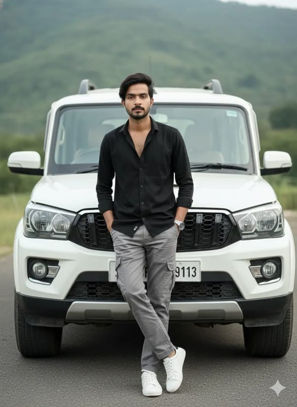 Confident Young Man Portrait with Scorpio SUV in Nature thumbnail 2