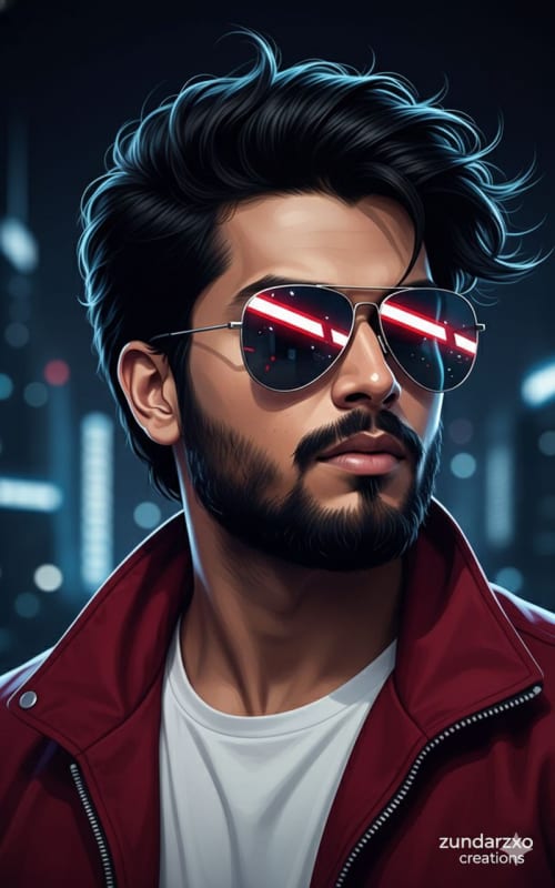 Futuristic Man Portrait with Red Jacket and Aviator Sunglasses thumbnail 2