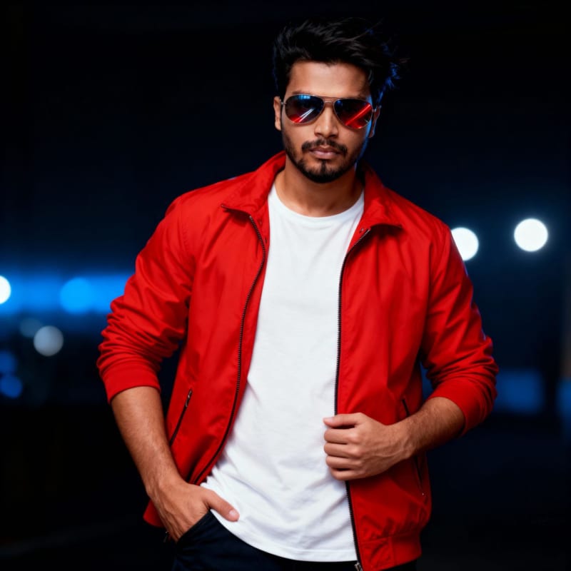 Futuristic Man Portrait with Red Jacket and Aviator Sunglasses thumbnail 4