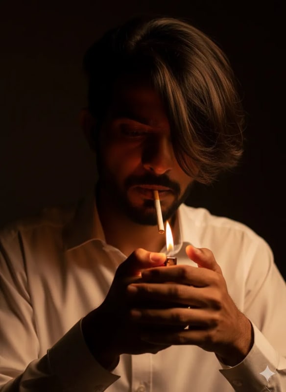 Cinematic Portrait of a Mysterious Young Man Lighting a Cigarette thumbnail 2