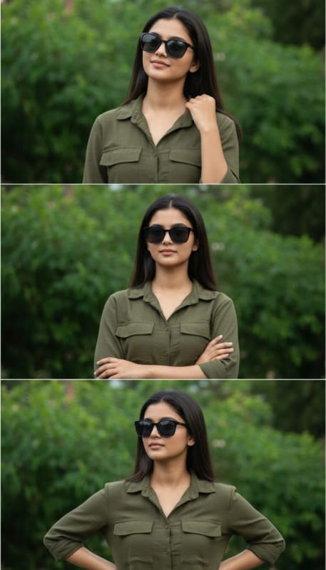 Photorealistic Outdoor Triptych: Olive Green Shirt Portrait - view 1