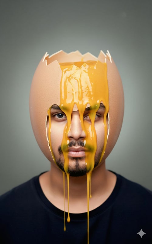 Surreal Bald Man Portrait with Egg Yolk Flowing thumbnail 2
