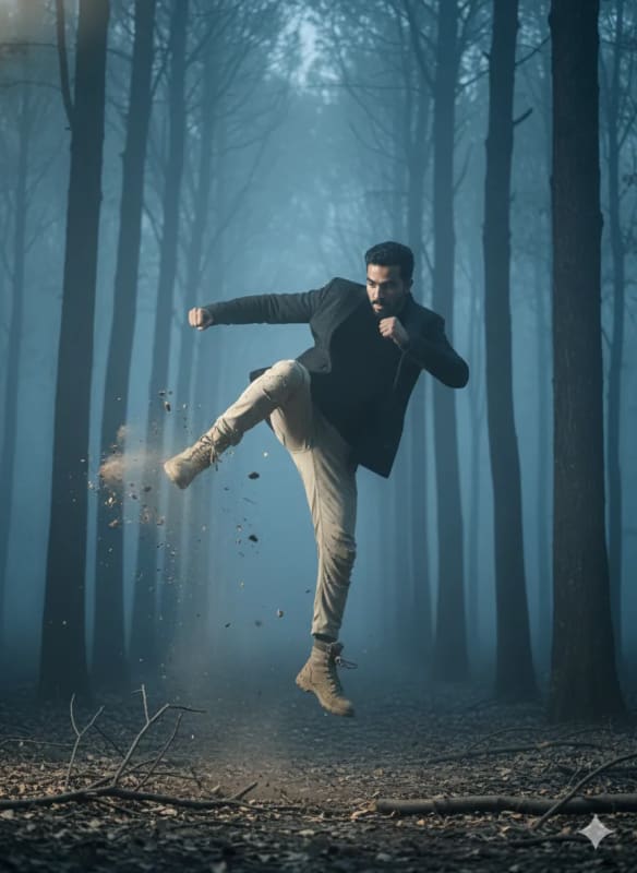 Dynamic High Kick Action Scene in Misty Forest thumbnail 2