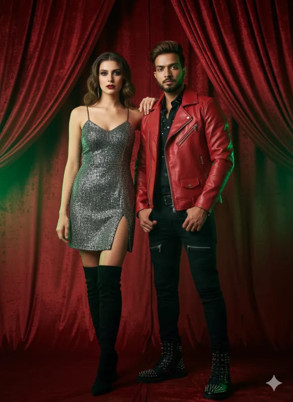 Glam Rock Fashion Editorial: Red Leather and Silver Sparkle - view 1