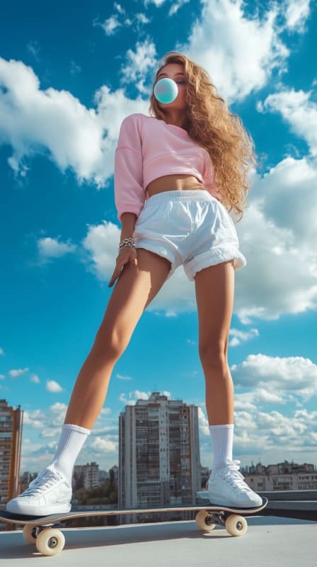 Streetwear Fashion Model with Bubble Gum on Skateboard thumbnail 5