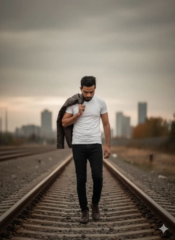 Pensive Man on Railway Tracks: Urban Portrait Photography - view 1