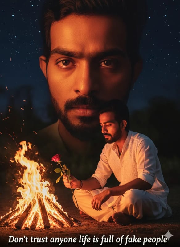 Emotional Bollywood Bonfire Portrait: Cinematic Night Scene - view 1