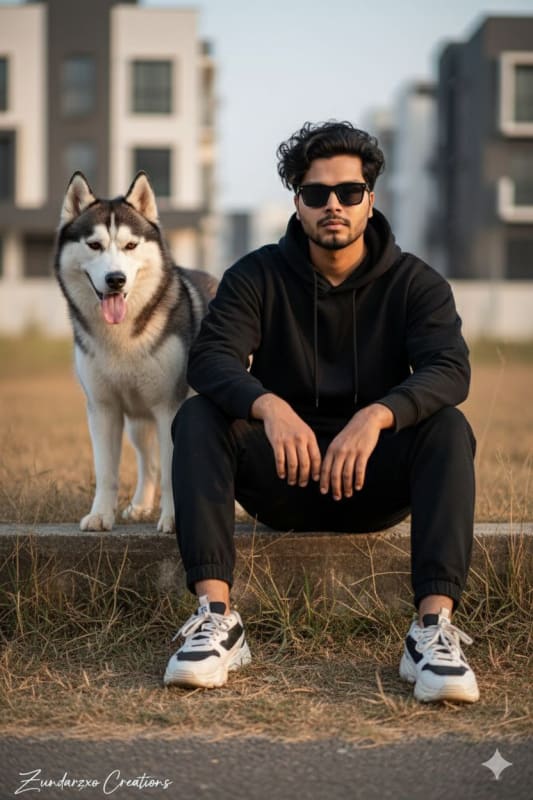 Streetwear Portrait with Husky Dog: Hyper-Realistic 8K Photography - view 1