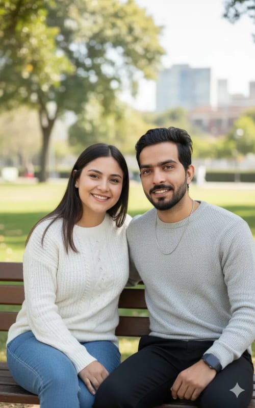 Sunny Day Couple Portrait in Relaxed Park Setting thumbnail 2