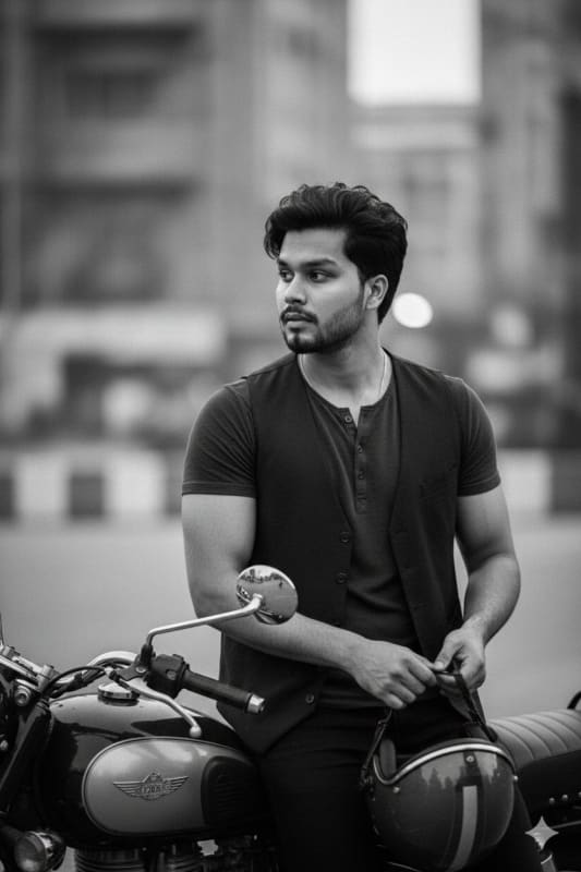 Classic Motorcycle Portrait with Muscular Man in Urban Setting - view 1