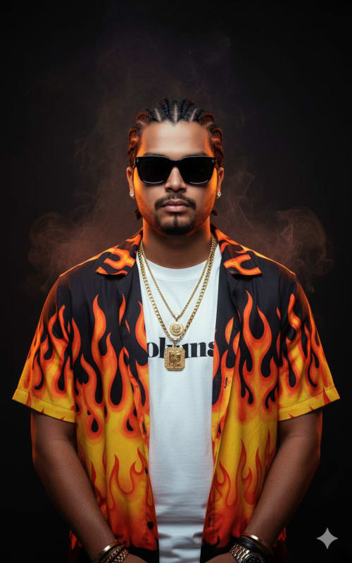 Hyper-Realistic Portrait of a Man with Flame Shirt thumbnail 2