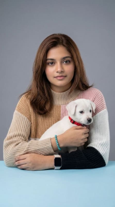 Cozy Portrait: Girl with White Puppy - view 1