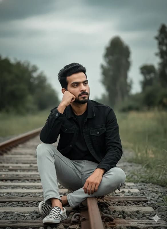 Introspective Young Man on Railway Tracks Portrait thumbnail 2