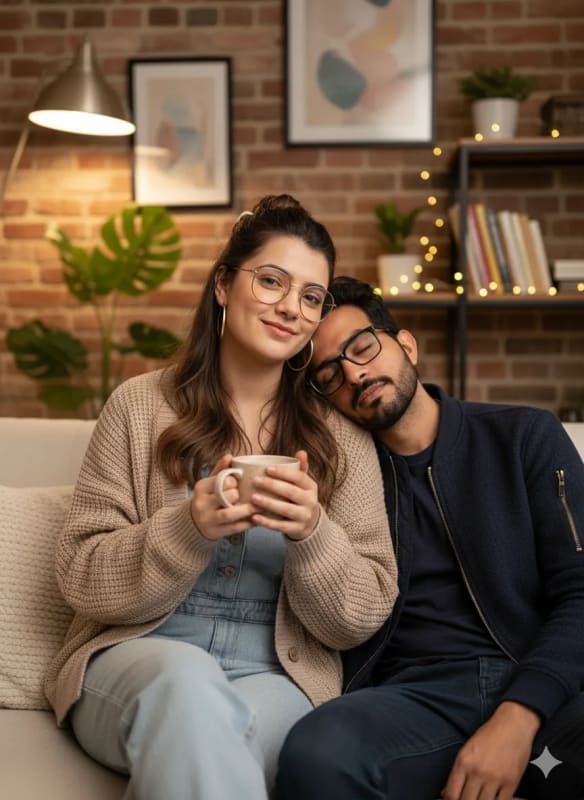Cozy Couple Portrait: Warm Indoor Scene - view 1