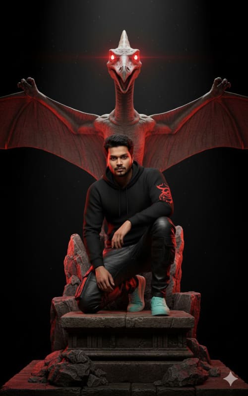 Man and Pterodactyl Statue: Dramatic Photorealistic Render - view 1