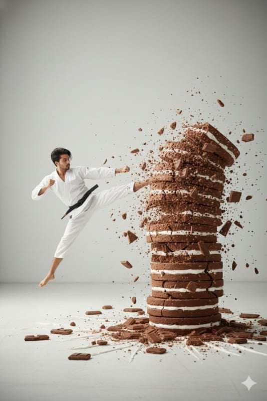 Martial Artist vs. Chocolate Wafers: A Surreal Photo Prompt thumbnail 2