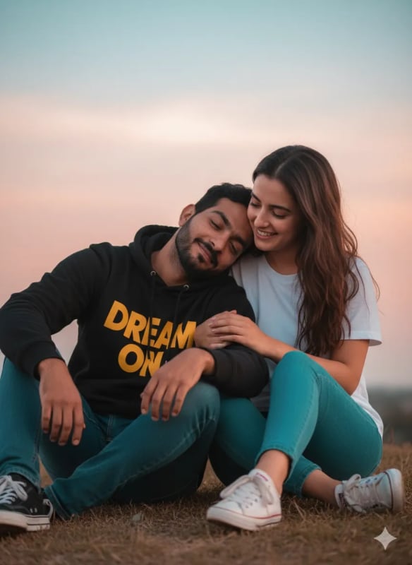 Romantic Couple Portrait Under Colorful Sky thumbnail 2