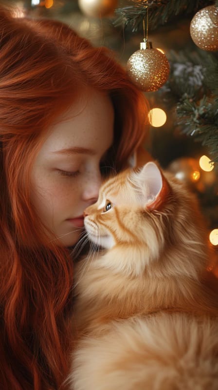 Festive Redhead with Orange Cat: Holiday Portrait Photography thumbnail 2