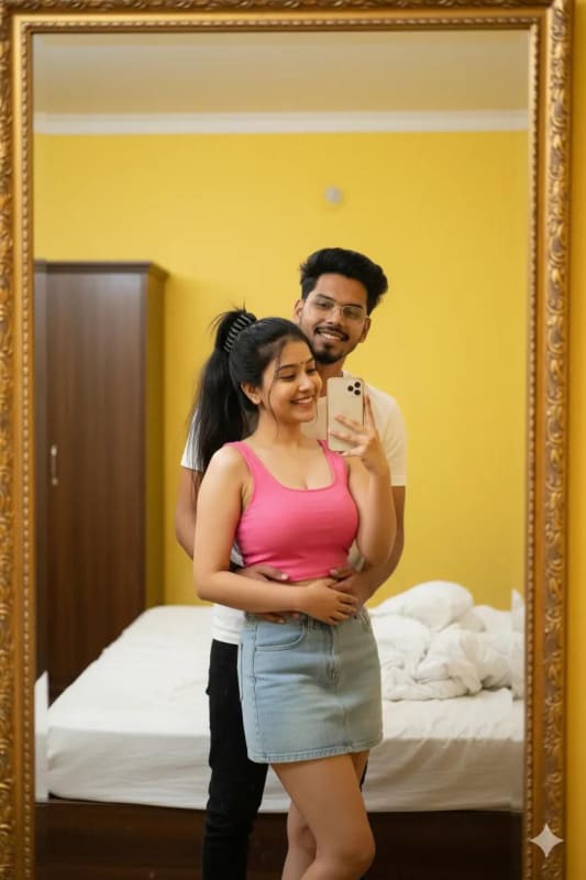Vibrant Yellow Room Couple Mirror Selfie - view 1